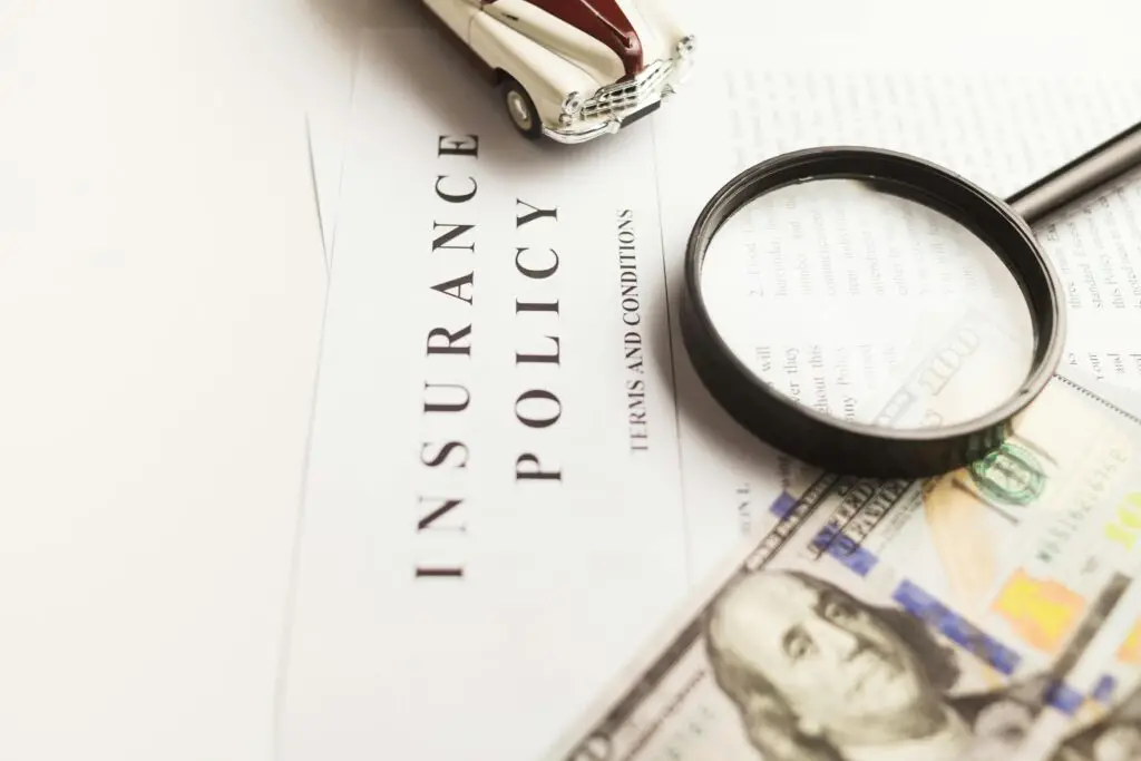Mortgage Protection Close-up image of an insurance policy with a magnifying glass, money, and toy car.